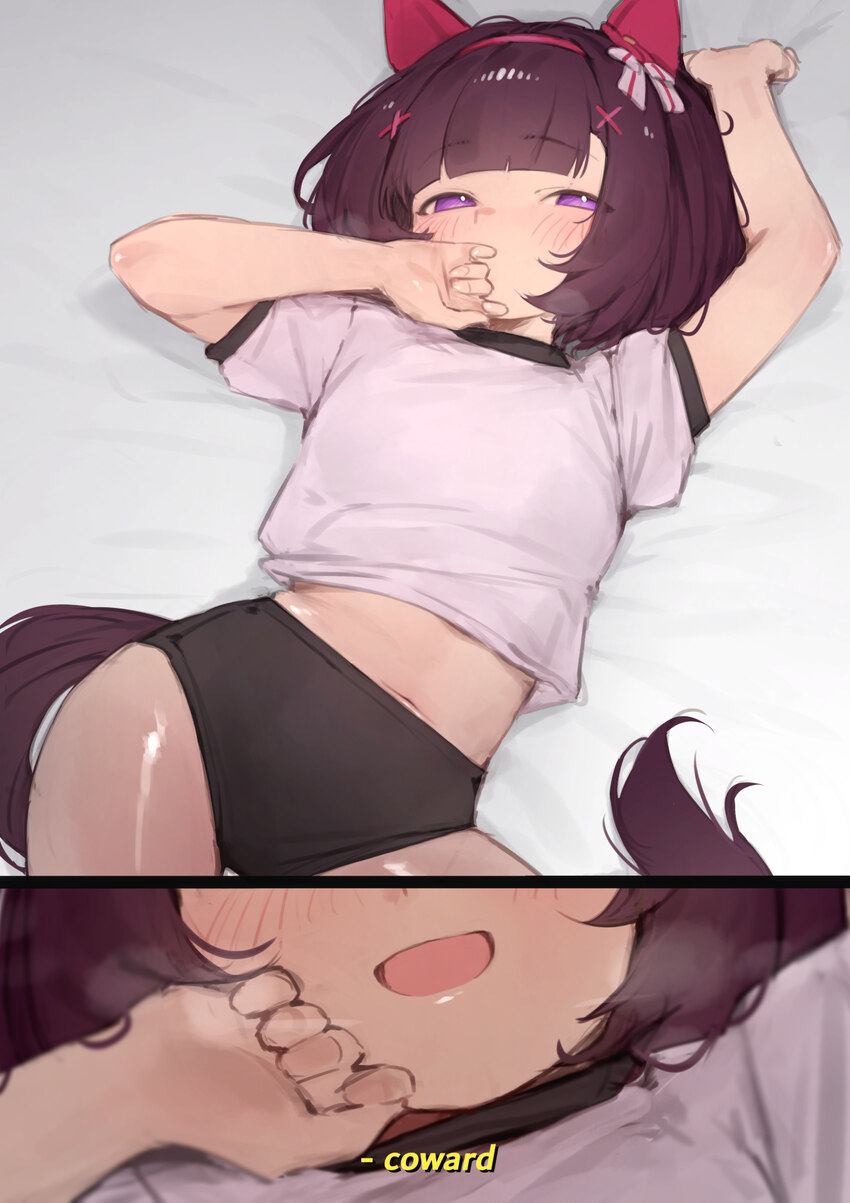 1girl animal ears arm up bad id bad twitter id black buruma black hair black tail blush buruma commentary ear covers english text gym shirt highres h…