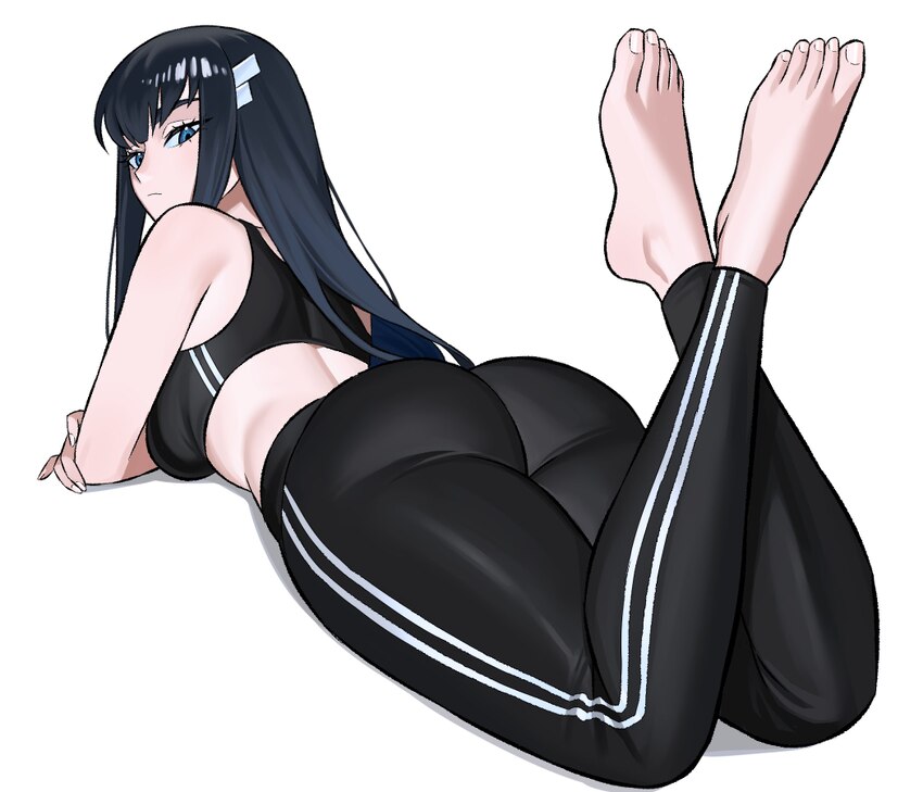 1girl ankle ass bare shoulders barefoot black hair black leggings black sports bra blue eyes breasts closed mouth commentary commission crossed ankle…