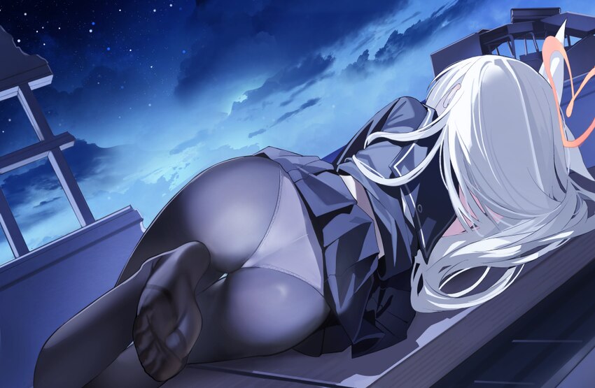 1girl absurdres ass black pantyhose black serafuku black skirt blue archive clothes lift cloud commentary facing away feet halo heart heart halo high…