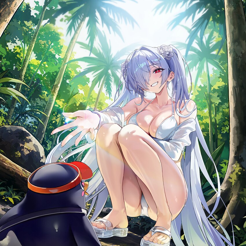 1girl animal bikini bird breasts cinderella (crystal wave) (nikke) cinderella (nikke) cleavage collarbone day flower full cleavage game asset goddess…