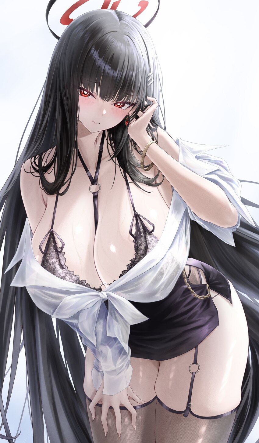 1girl absurdres bare shoulders black bra black hair black halo black skirt blue archive blush bra breasts cleavage closed mouth commentary request cr…