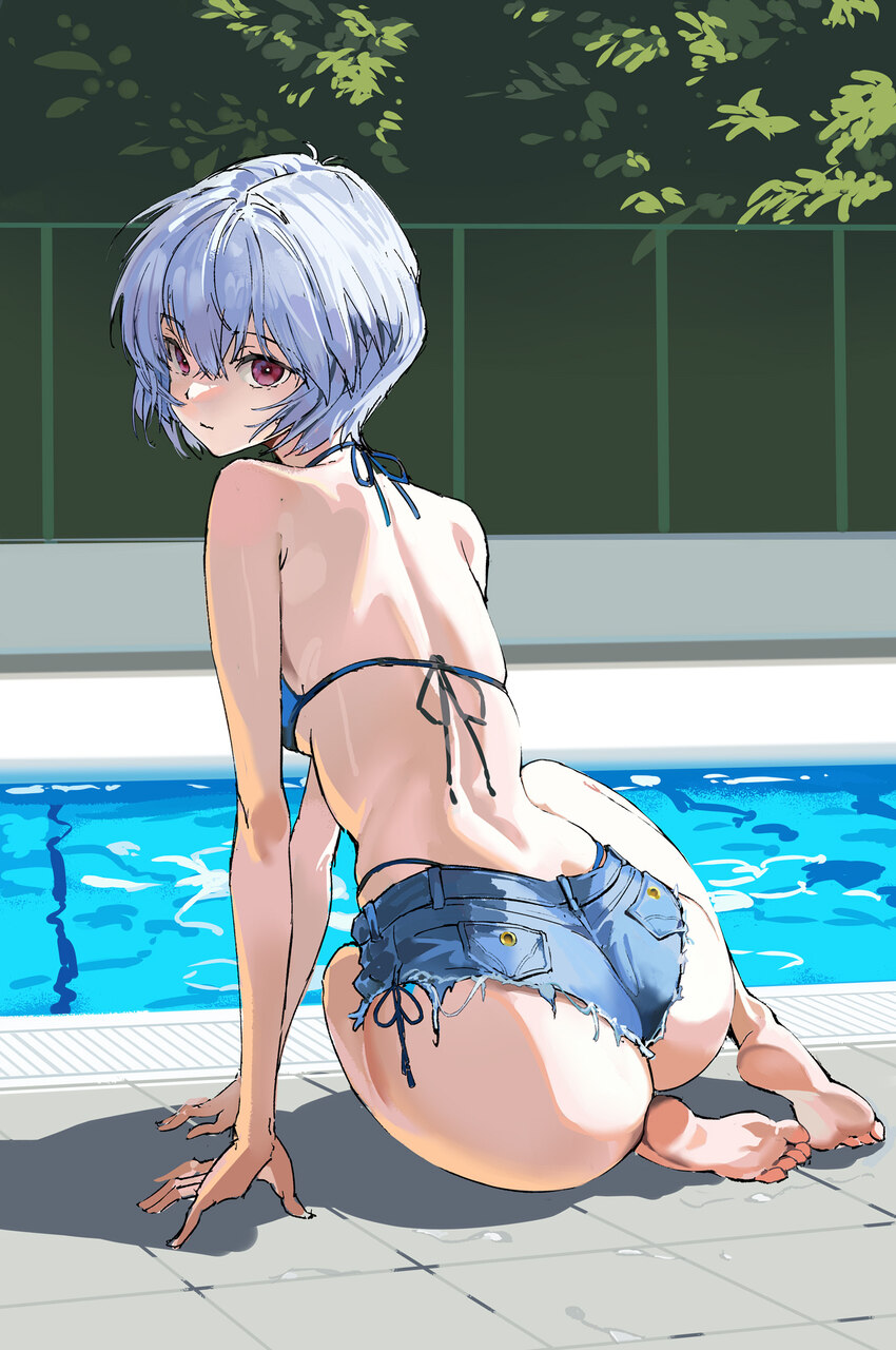 1girl arm support ass ayanami rei bare arms bare back bare legs bare shoulders barefoot bikini blue bikini blue hair chinese commentary commentary re…