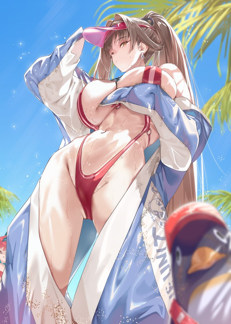 2girls arm up bare shoulders bird breasts brown hair commentary request day from below goddess of victory  nikke large breasts long hair looking at v…