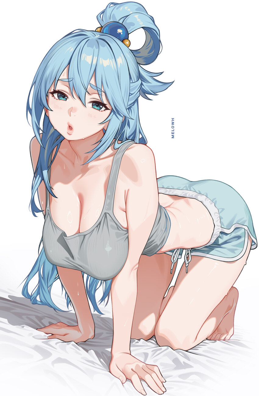 1girl absurdres all fours alternate costume aqua (konosuba) aqua hair artist name bare shoulders barefoot blue eyes blue shorts breasts cleavage comm…
