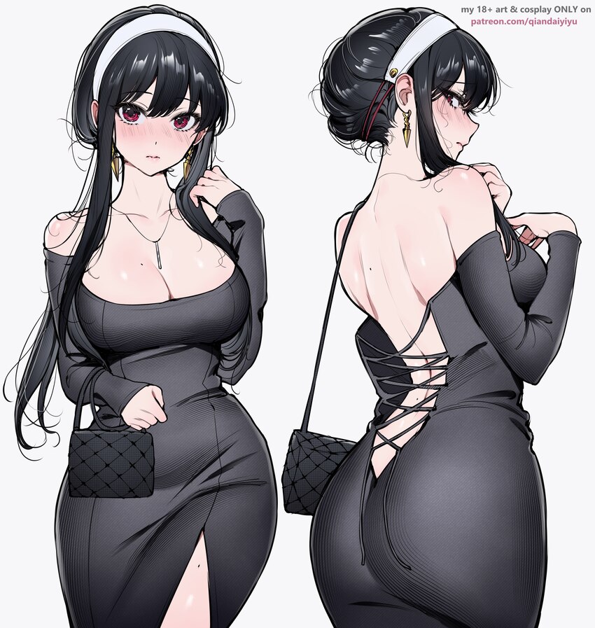 1girl absurdres ass back bag bare shoulders black bag black hair black sleeves blush breasts cleavage closed mouth collarbone commentary detached sle…