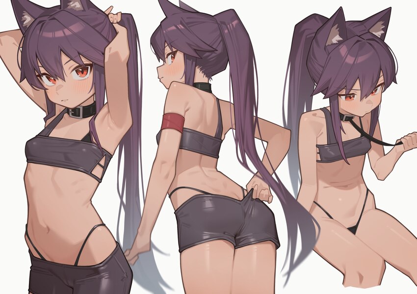 1girl absurdres animal ears armpits arms behind head arms up ass bandeau belt collar bike shorts bike shorts pull breasts brown kemomimi-chan (krr) c…