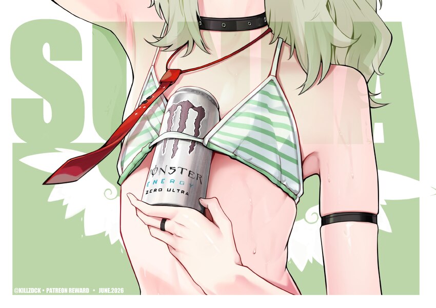 1girl absurdres arm up armband armpit crease armpits bikini black choker breasts can between breasts character name choker commentary english comment…