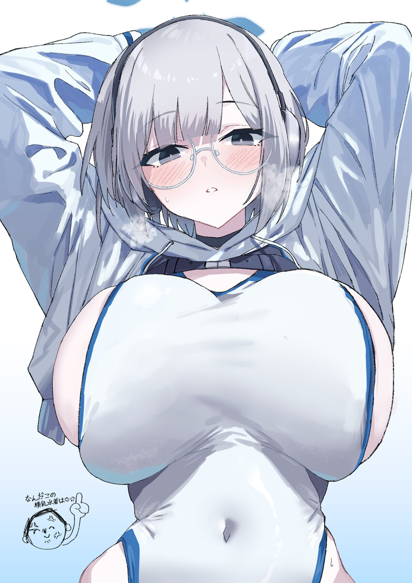 1girl arms behind head black eyes blue archive blue halo blush breasts commentary request covered navel doodle sensei (blue archive) glasses halo hea…