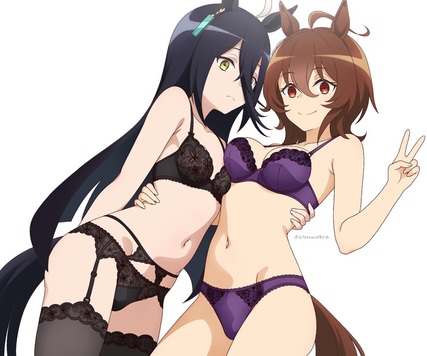 2girls absurdres agnes tachyon (umamusume) ahoge animal ears black bra black hair black panties black tail black thighhighs bra breasts brown hair br…