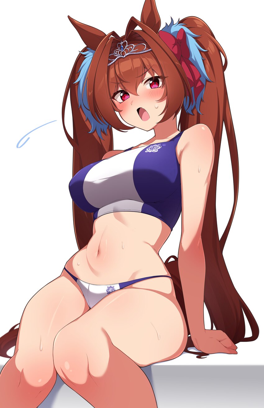 1girl absurdres animal ears antenna hair arm support bare arms blush bow breasts brown hair brown tail commentary crop top daiwa scarlet (umamusume) …