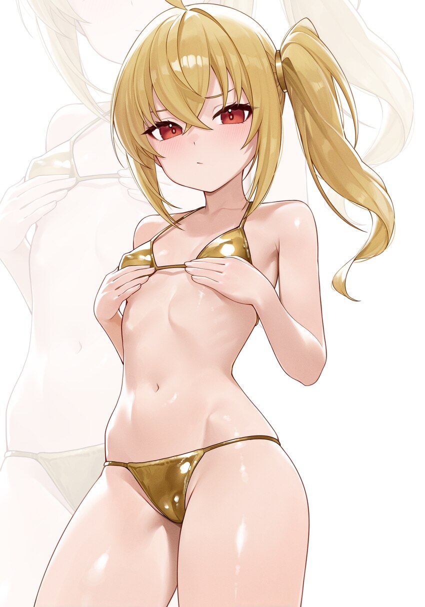 1girl absurdres ahoge alternate costume bare shoulders bikini blonde hair blush breasts closed mouth commentary cowboy shot crossed bangs gold bikini…