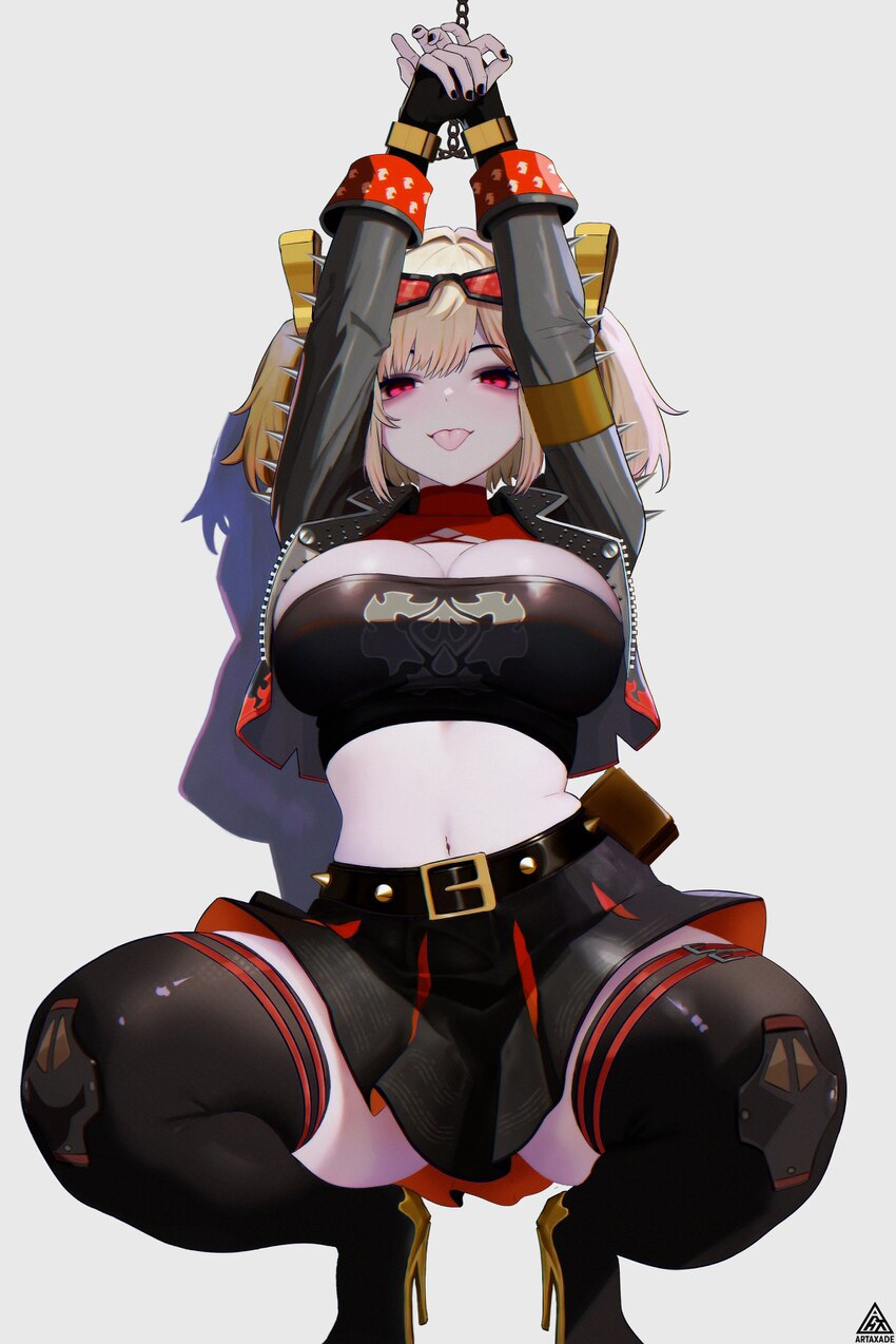 1girl  p absurdres arms up belt black belt black gloves black jacket black nails black skirt black thighhighs black tube top blonde hair bound bound …