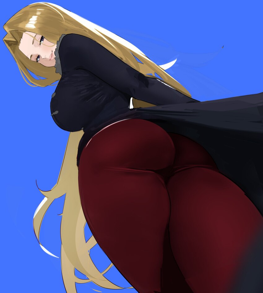 1girl ass ass focus black coat blonde hair blue background breasts closed mouth coat commentary curtained hair fur-trimmed coat fur-trimmed collar fu…