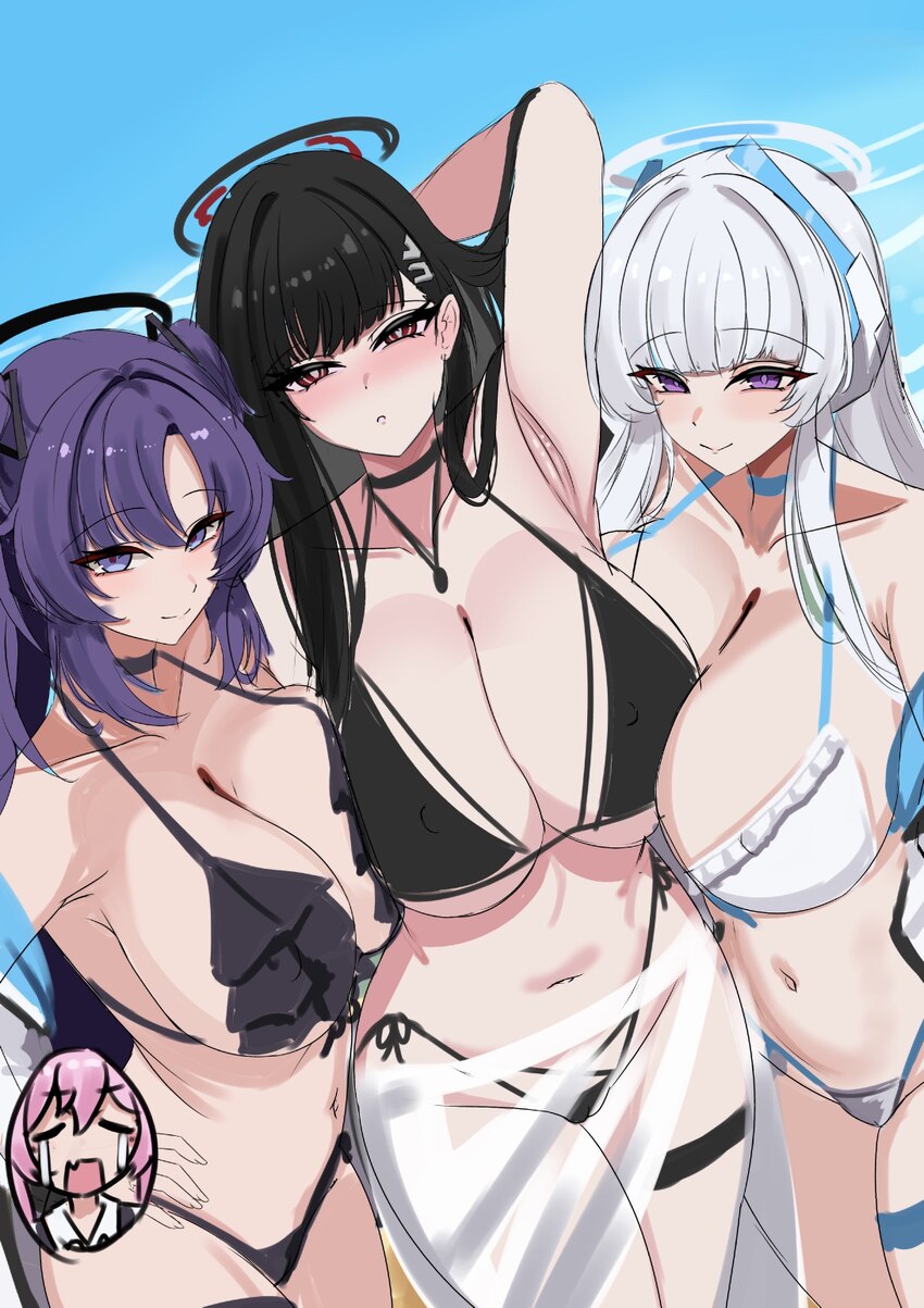 4girls absurdres alternate costume armpits bikini black bikini black hair black halo blue archive blue sky breasts commentary frilled bikini frills h…