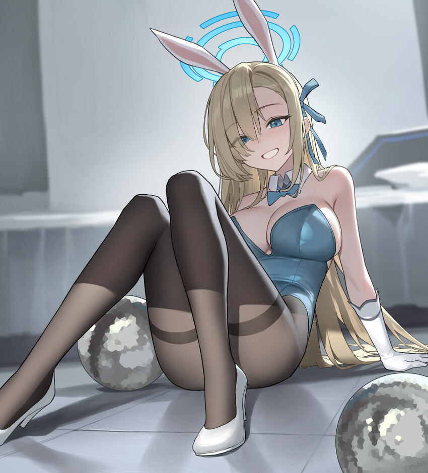 1girl absurdres animal ears arm support asuna (blue archive) asuna (bunny) (blue archive) asymmetrical bangs blonde hair blue archive blue bow blue b…