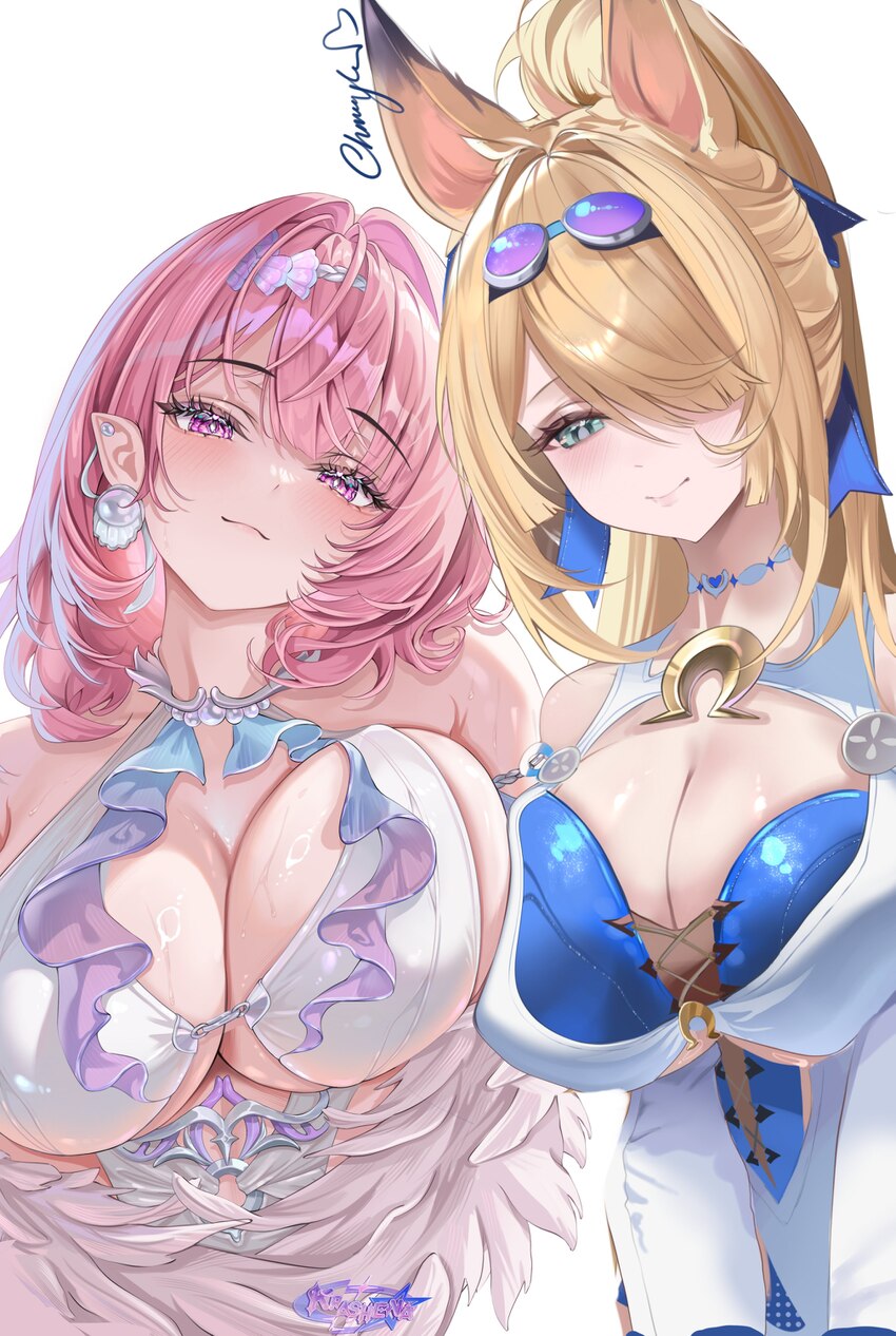 2girls absurdres animal ears artist collaboration artist logo bare shoulders bikini blonde hair blue eyes blush breasts chmoonyka cleavage closed mou…