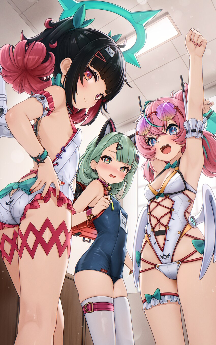 3girls  d absurdres angels of delusion animal ear hairband animal ears aria (human) (zenless zone zero) aria (zenless zone zero) arm up armpits ass b…