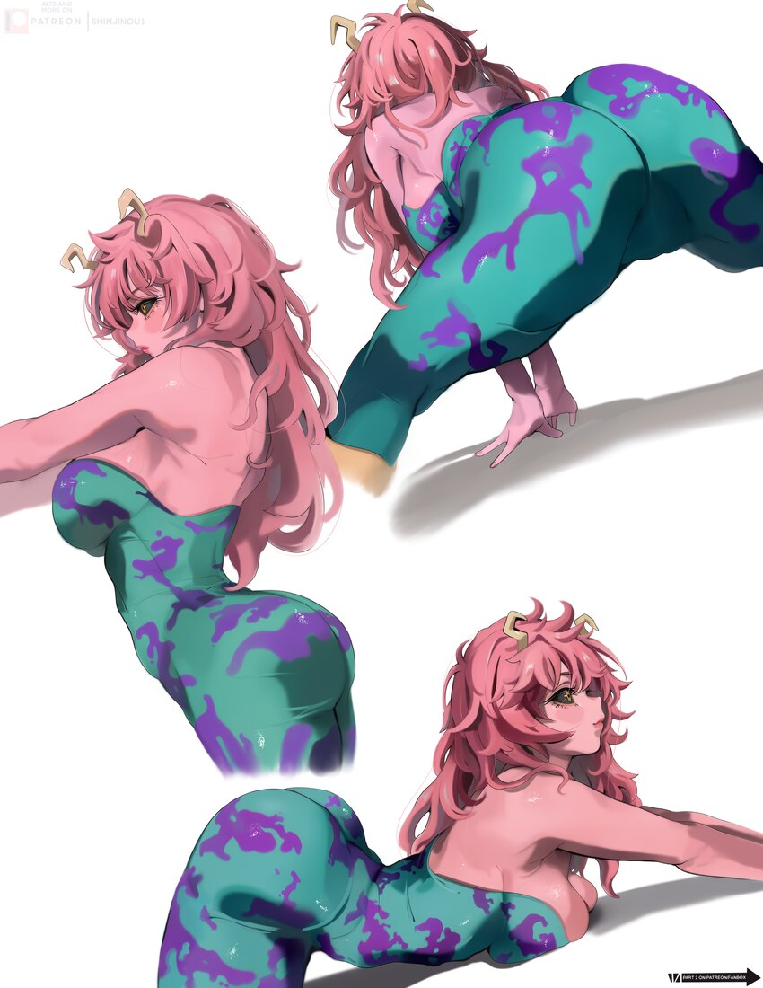 1girl absurdres ashido mina ass black sclera boku no hero academia breasts cleavage colored sclera colored skin curvy english commentary from behind …