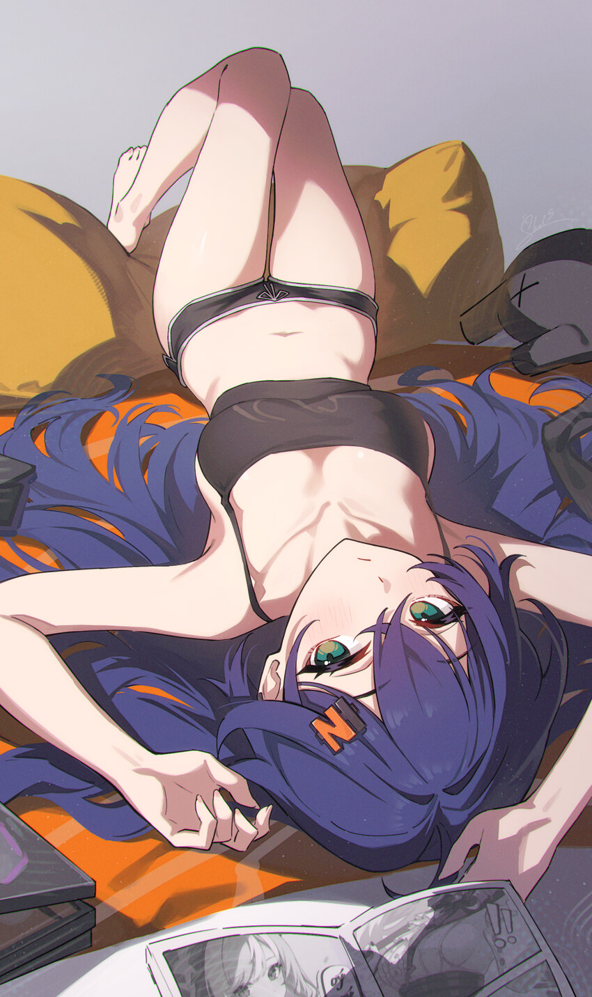1girl absurdres alternate costume alternate hair length (longer) alternate hairstyle arms up barefoot belle (zenless zone zero) black camisole black …