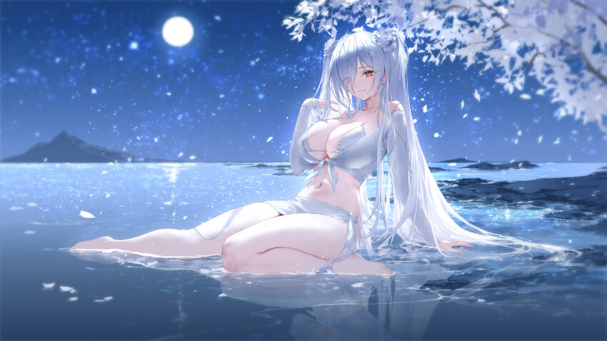 1girl absurdres arm support breasts bright pupils cinderella (crystal wave) (nikke) cinderella (nikke) cleavage commentary request falling petals flo…