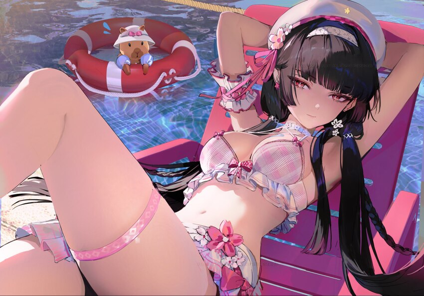 1girl armpits arms behind head artificial flower beret bikini black hair blunt bangs braid breasts capybara chair chisa (peach parfait) (wuthering wa…