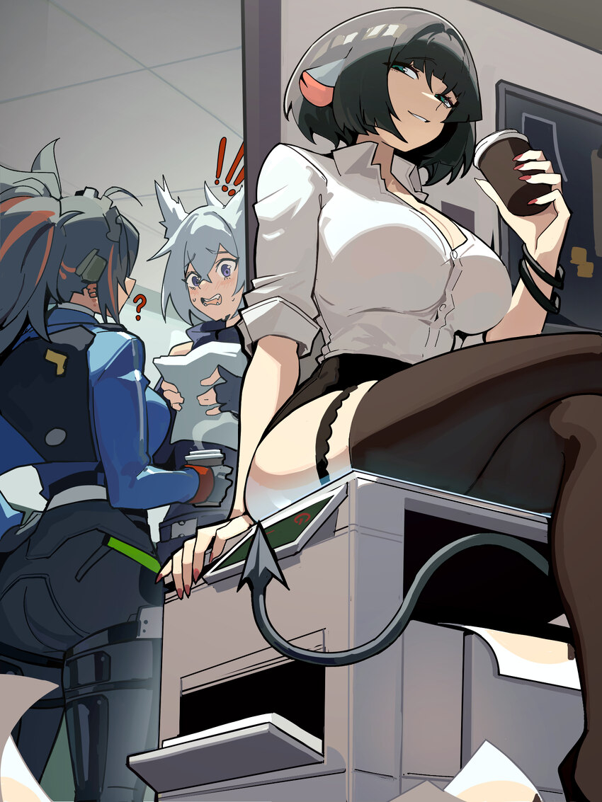 ! !! 1boy 2girls alt text animal ears ass black hair black pants black skirt blue jacket breasts cat boy cat ears cleavage commentary crossed legs cu…