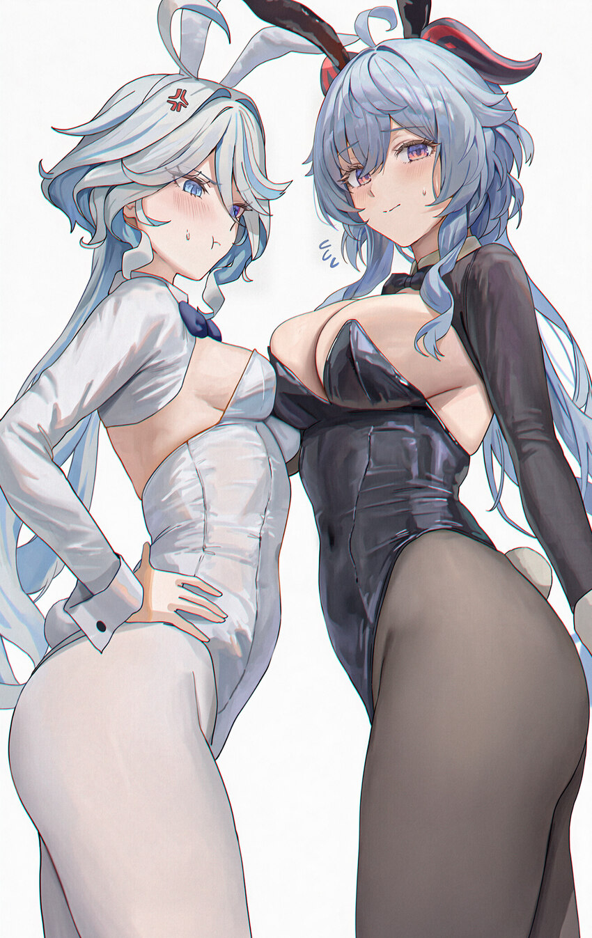 2girls ahoge ai-assisted alternate costume amiki yuzuru anger vein animal ears black bow black bowtie black pantyhose blue bow blue bowtie blue eyes …