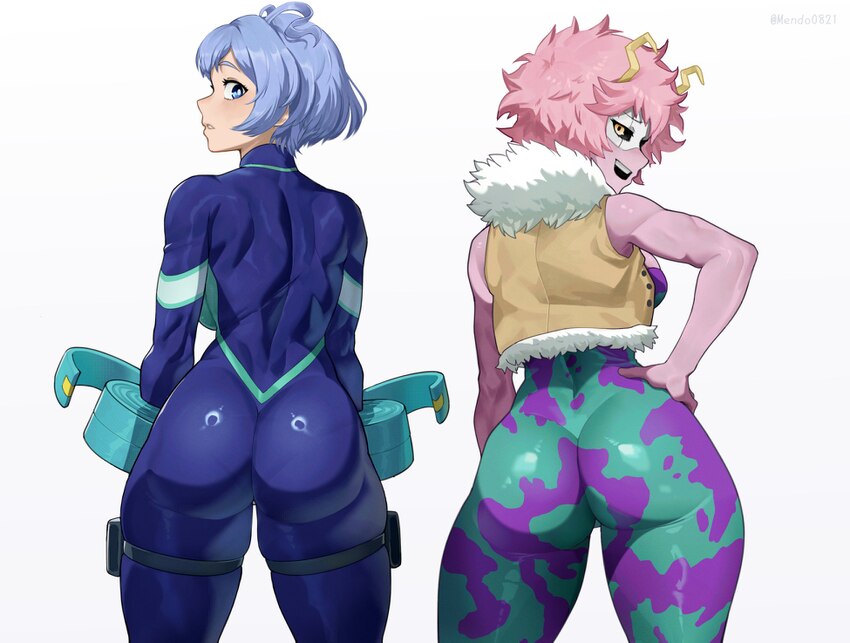 2girls ashido mina ass back bare shoulders black sclera blue bodysuit blue eyes blue hair blush bodysuit boku no hero academia breasts colored sclera…