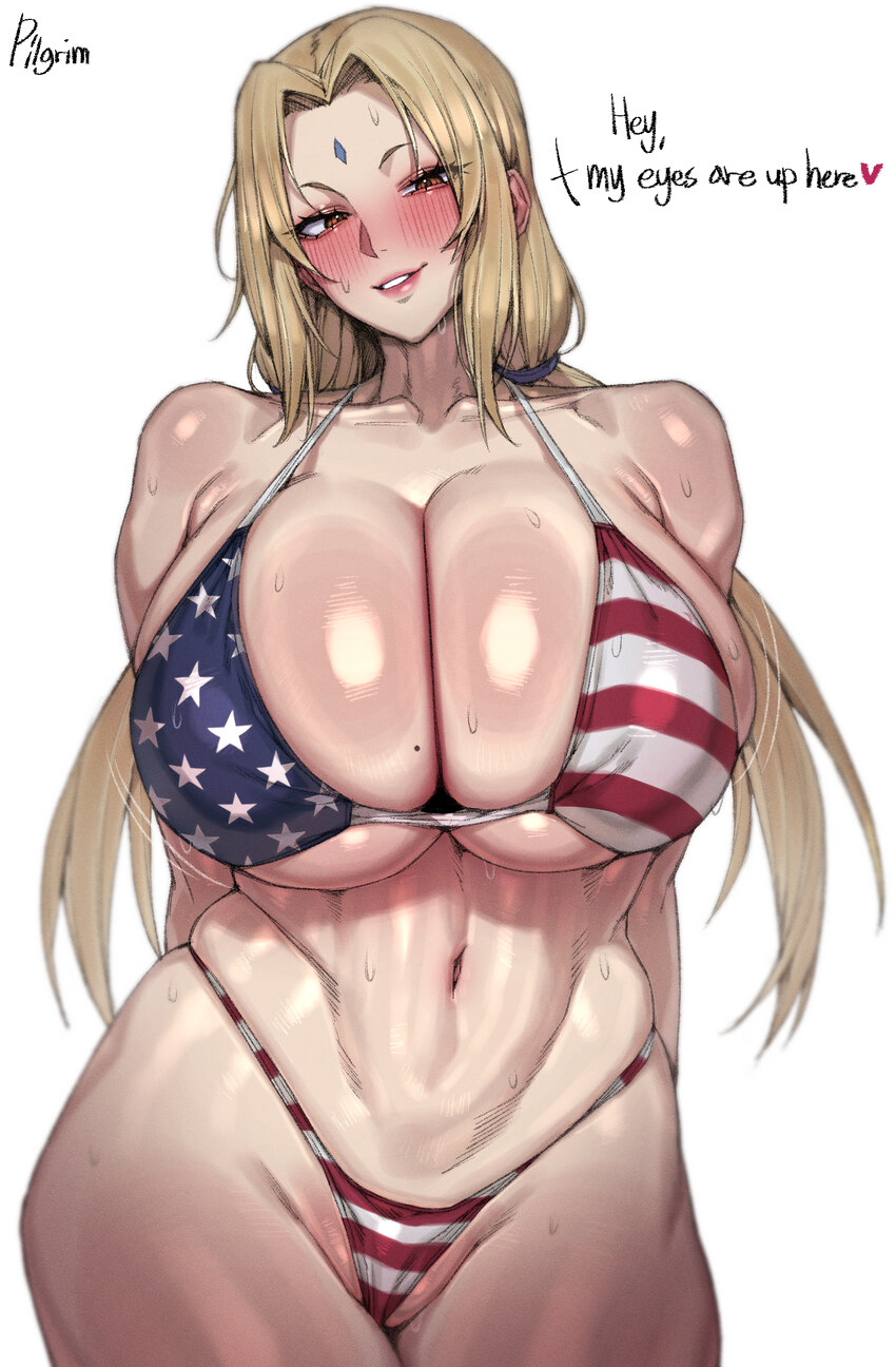 1girl absurdres alternate costume american flag american flag bikini american flag print artist name bikini blonde hair blush breasts brown eyes clea…