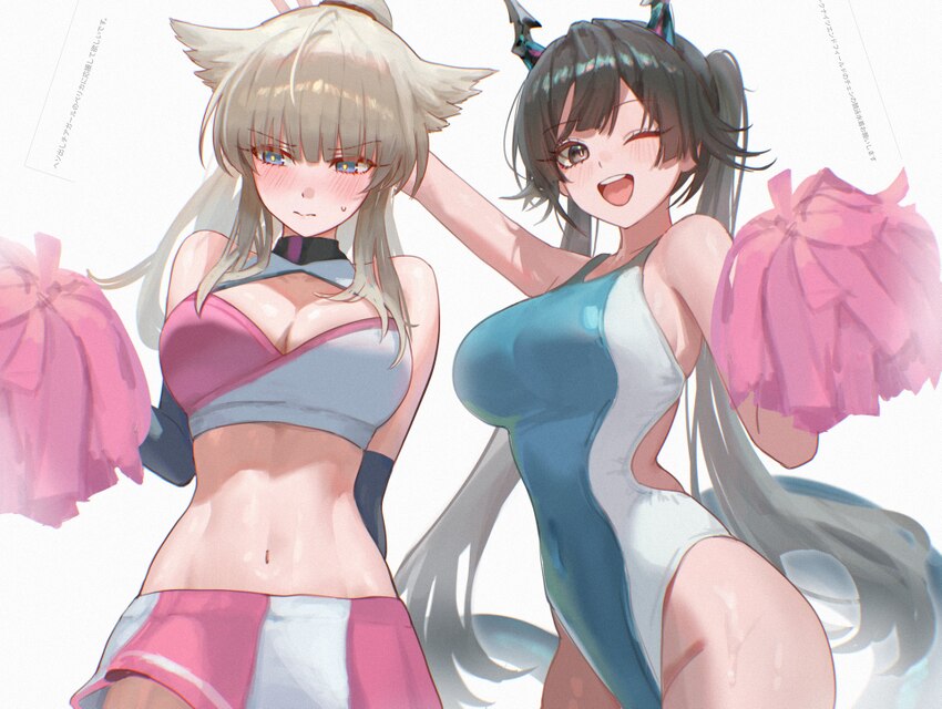 2girls  d absurdres alternate costume aqua one-piece swimsuit arknights arknights  endfield black hair blonde hair blunt bangs blush breasts chen qia…