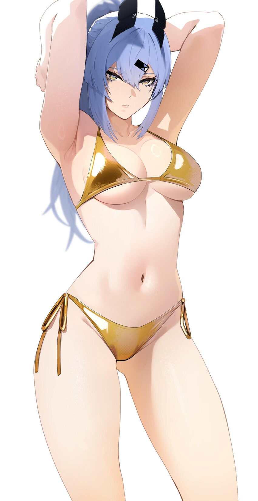 1girl absurdres armpits ass visible through thighs bikini blue hair breasts gold bikini golden week grey eyes highres large breasts long hair looking…