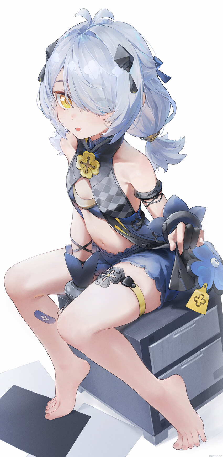 1girl absurdres adapted costume antenna hair bandaid bandaid on leg bare shoulders barefoot black gloves blue eyes breasts chinese commentary comment…