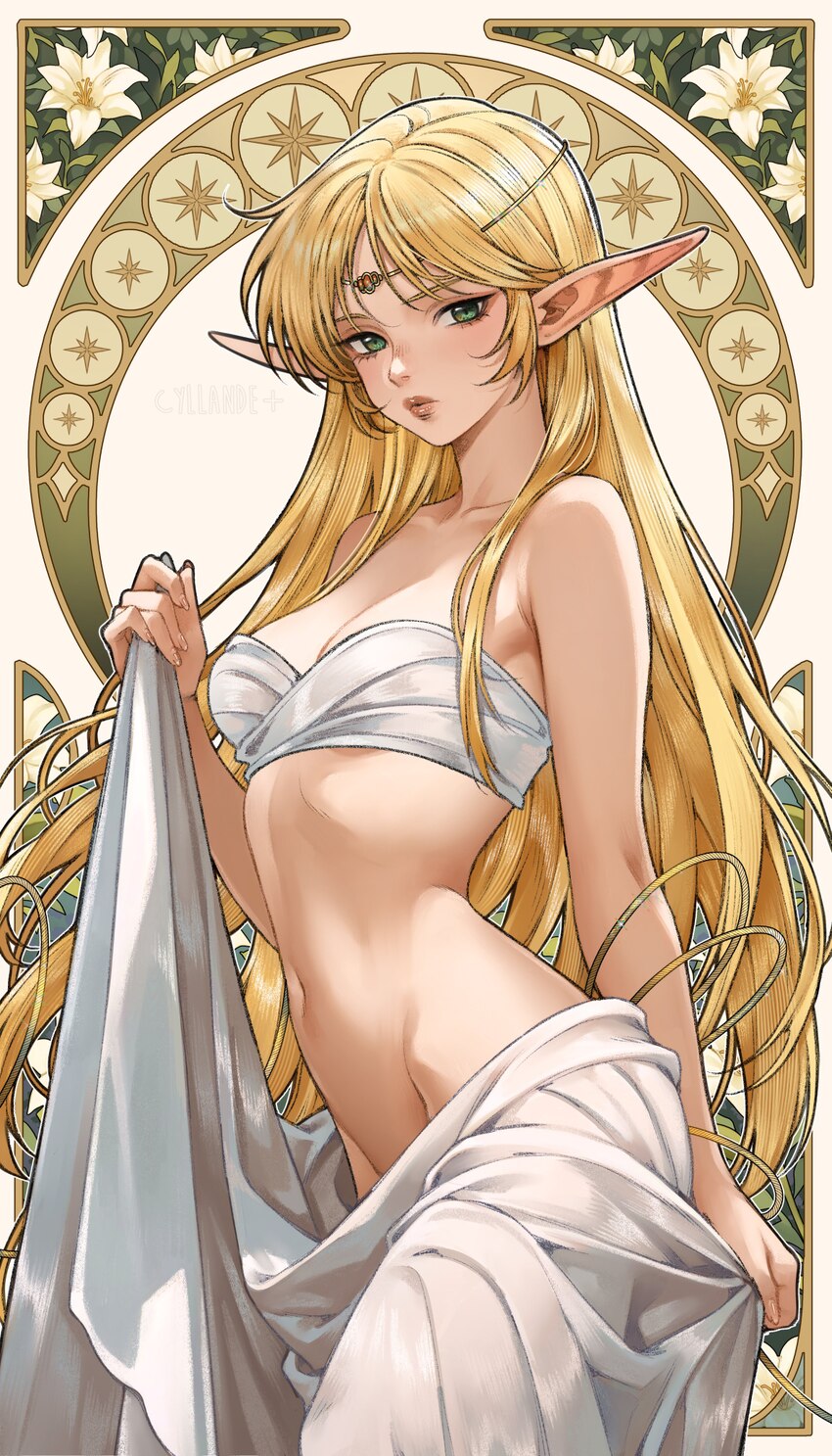 1girl absurdres bare shoulders blonde hair bracelet breasts chest sarashi cleavage closed mouth collarbone commentary deedlit elf fingernails flower …