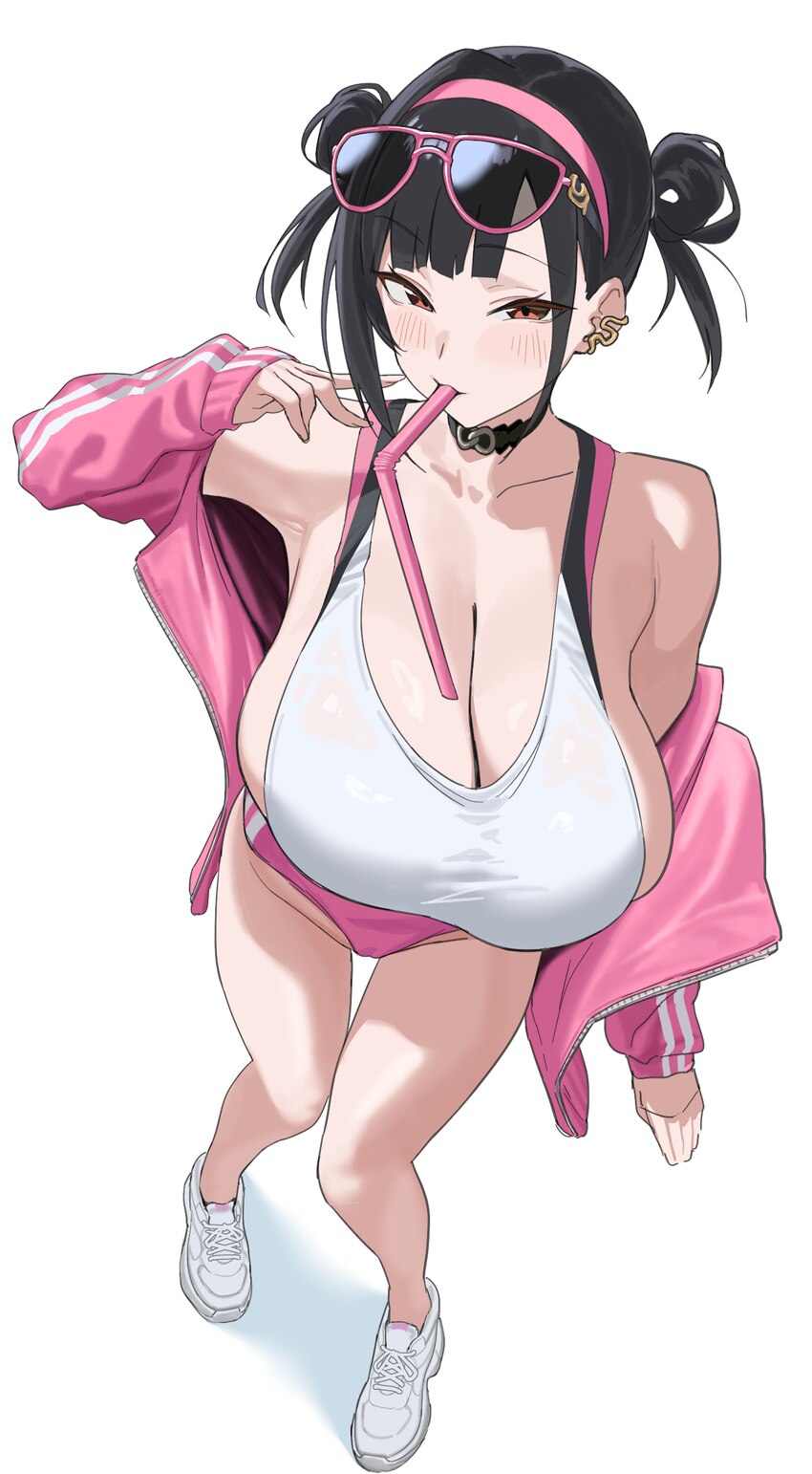 1girl absurdres bikini black hair breasts buruma cleavage commentary double bun drinking straw drinking straw in mouth eyewear on head goddess of vic…