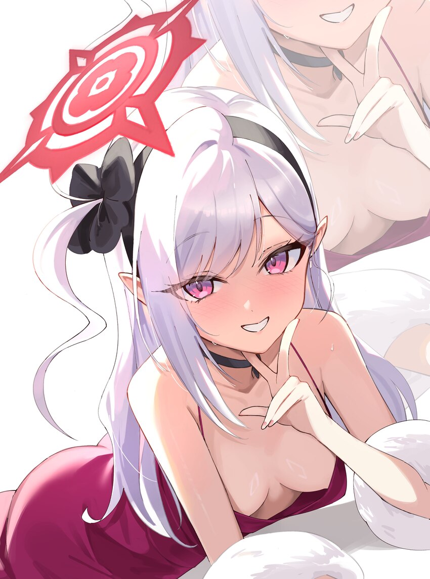 1girl absurdres bare shoulders blue archive blush breasts choker commentary downblouse dress fur shawl grin hairband halo highres kakumayu long hair …