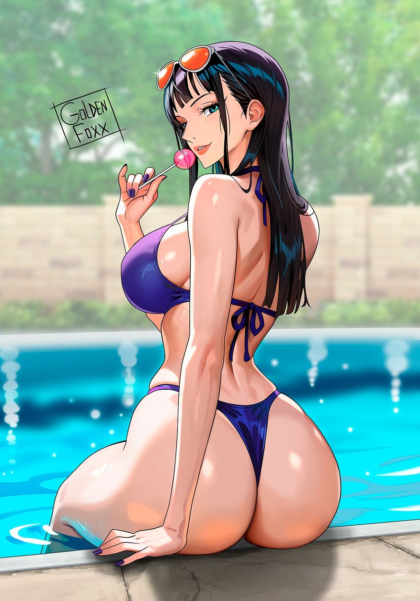 1girl ass bikini black hair blue eyes breasts candy commentary day english commentary eyewear on head food from behind goldenfoxx highres huge ass la…