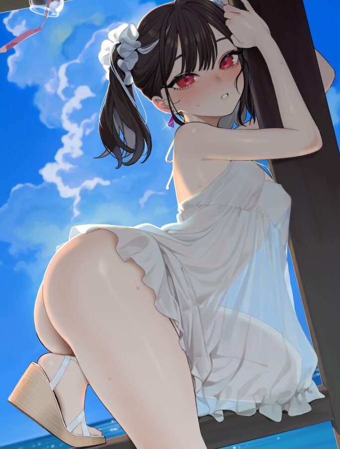 1girl ass beijuu beni-chan (beijuu) black hair blue sky blush breasts cloud cloudy sky dress earrings feet from side hair ornament hair scrunchie jew…