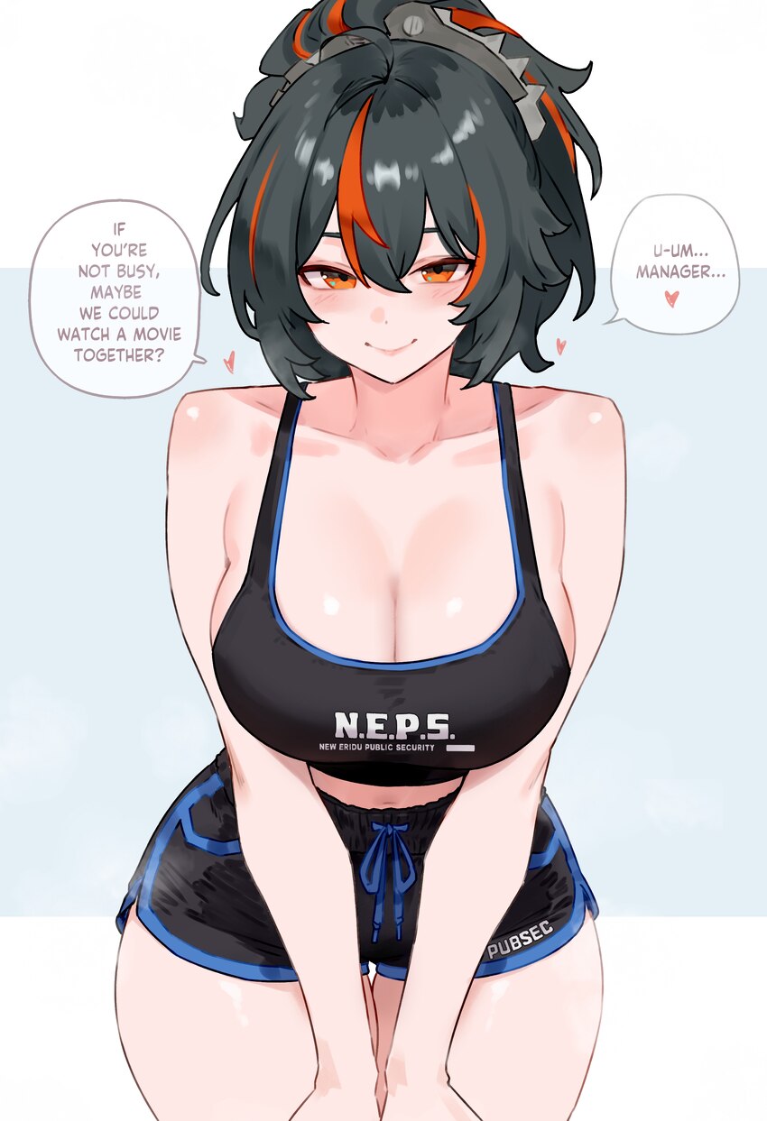 1girl absurdres black hair black shorts black tank top bluefield breasts cleavage closed mouth clothes writing commentary request crop top dolphin sh…