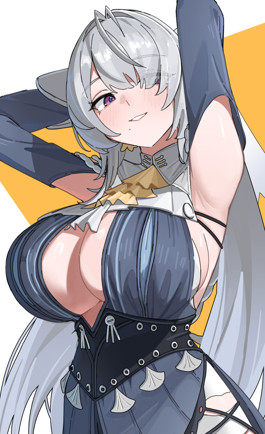 1girl absurdres aozora 1051 armpits ascot blue dress blush breasts commentary dress grey hair highres large breasts long hair looking at viewer parte…