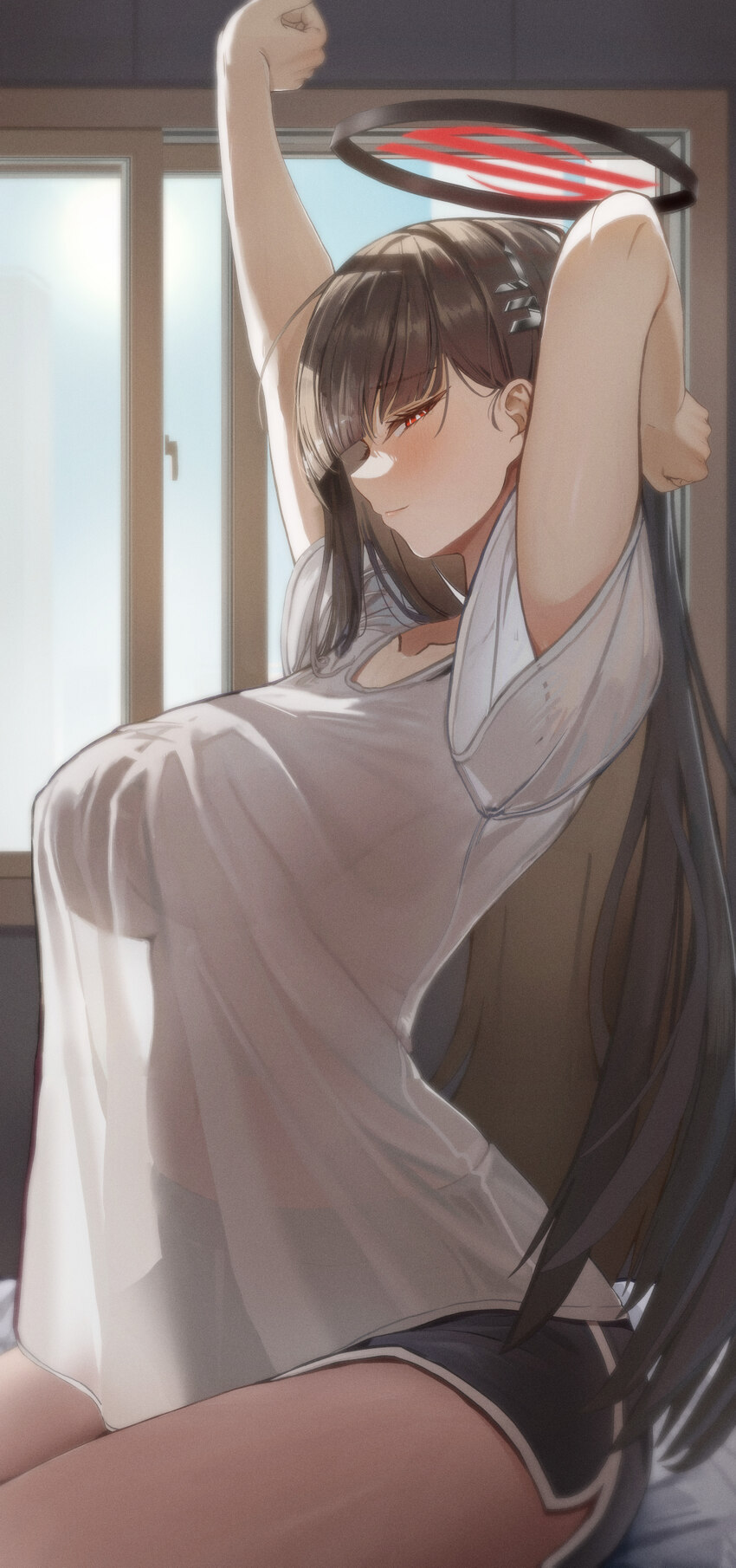 1girl absurdres alternate costume arm behind head arms up black hair black shorts blue archive blush breasts commentary dolphin shorts hair ornament …