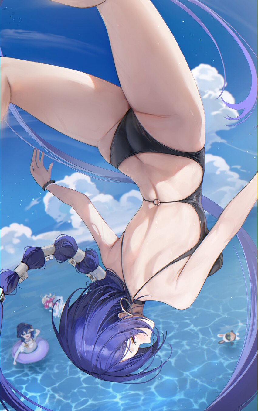 3girls absurdres ass backless swimsuit bangboo (zenless zone zero) belle (summer skies) (zenless zone zero) belle (zenless zone zero) black one-piece…
