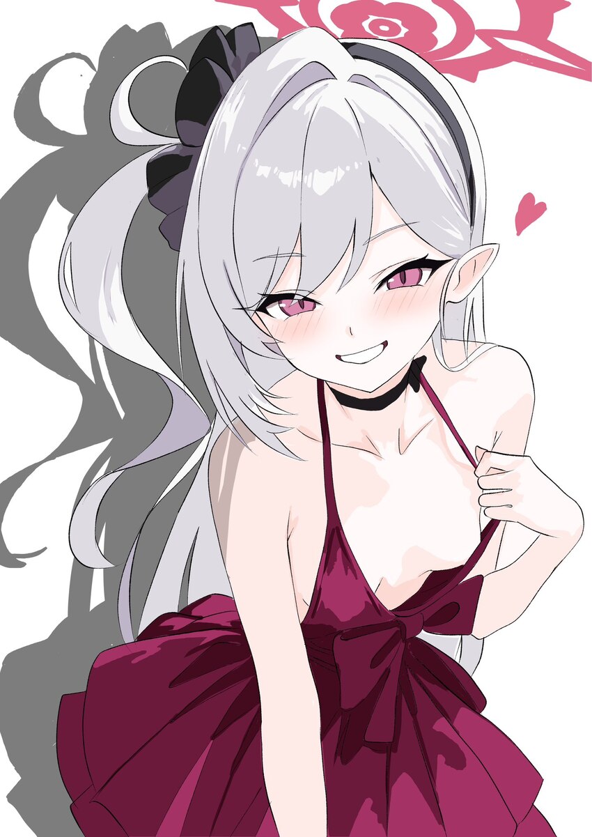 1girl bare arms black hairband blue archive blush breasts commentary dress grin hairband halo heart highres kamitosayu long hair looking at viewer mu…