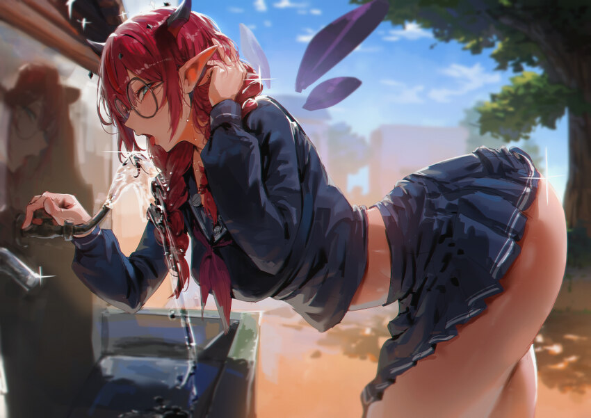 1girl absurdres bent over black serafuku black shirt black skirt blue eyes blue sky braid breasts cloud commentary dated commentary day double halo d…