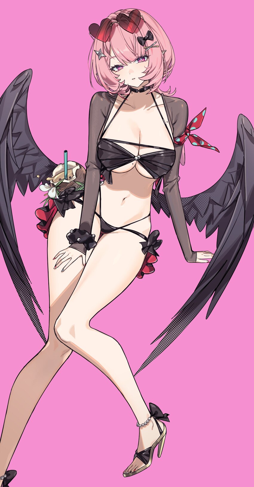 1girl absurdres alternate costume awe (adorableduckyy) bikini black bikini black shrug black wings breasts choker cleavage eyewear on head fingernail…
