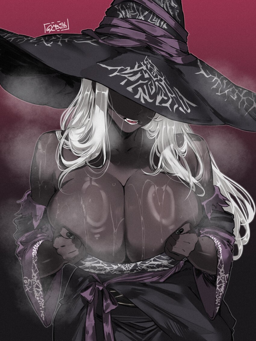 1girl absurdres artist name bare shoulders black dress black nails black skin breasts cleavage colored skin commentary dark-skinned female dark skin …