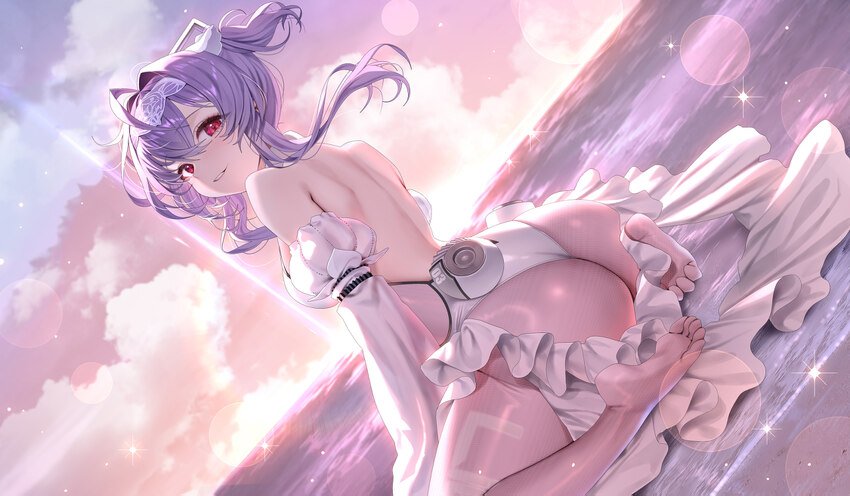 1girl armpit crease ass bare shoulders beach breasts cloud cloudy sky commentary detached sleeves feet from behind goddess of victory  nikke hair int…