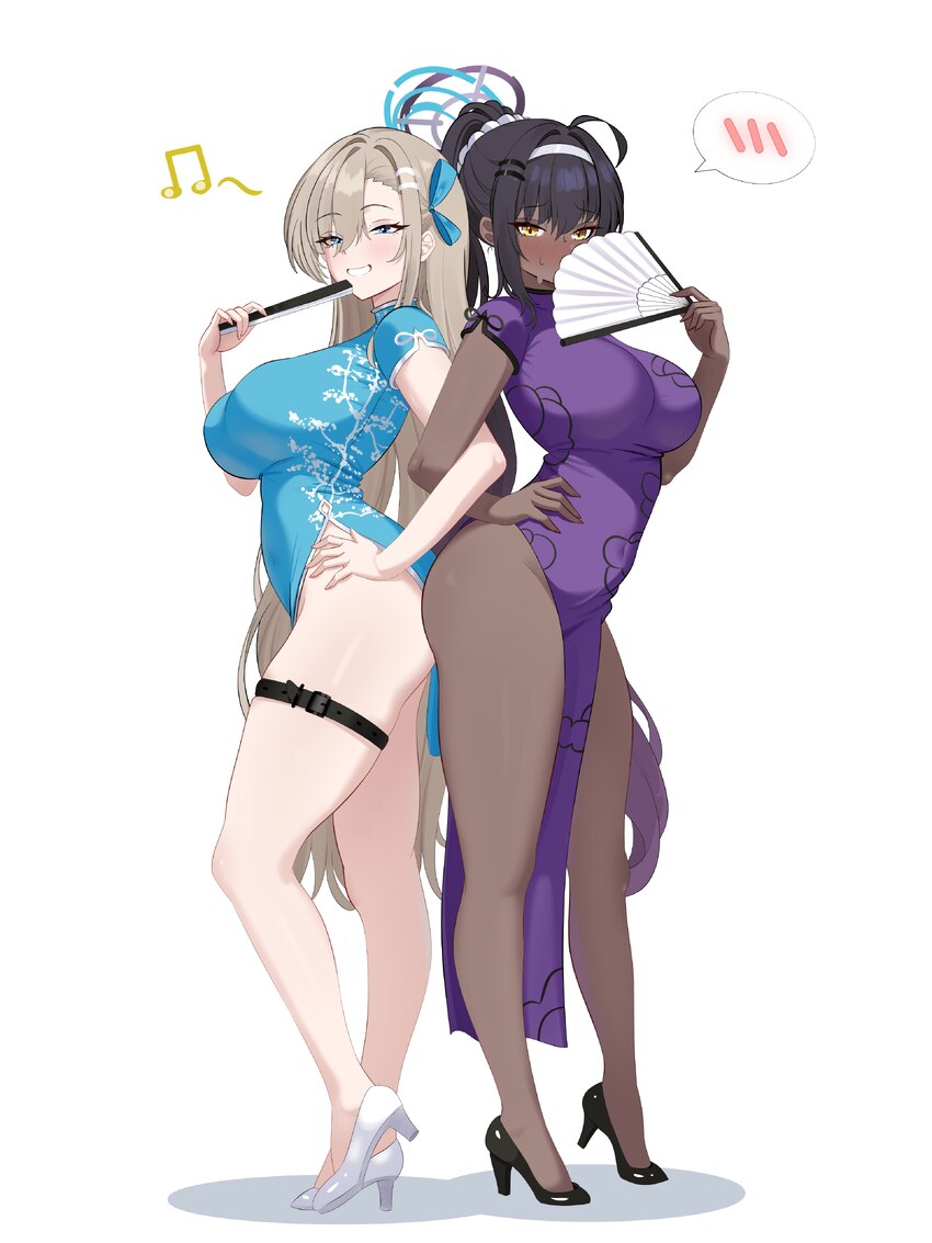 2girls absurdres alternate costume alternate hairstyle asuna (blue archive) black hair blonde hair blue archive blue dress blue eyes blue halo breast…