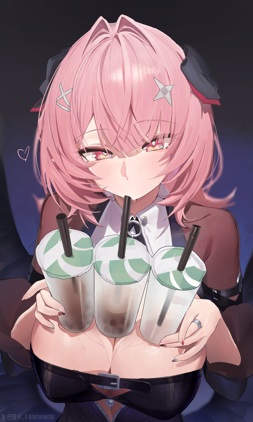 1girl absurdres berserker r black dress black shrug breasts bubble tea bubble tea challenge cleavage commentary request cup disposable cup dress drin…