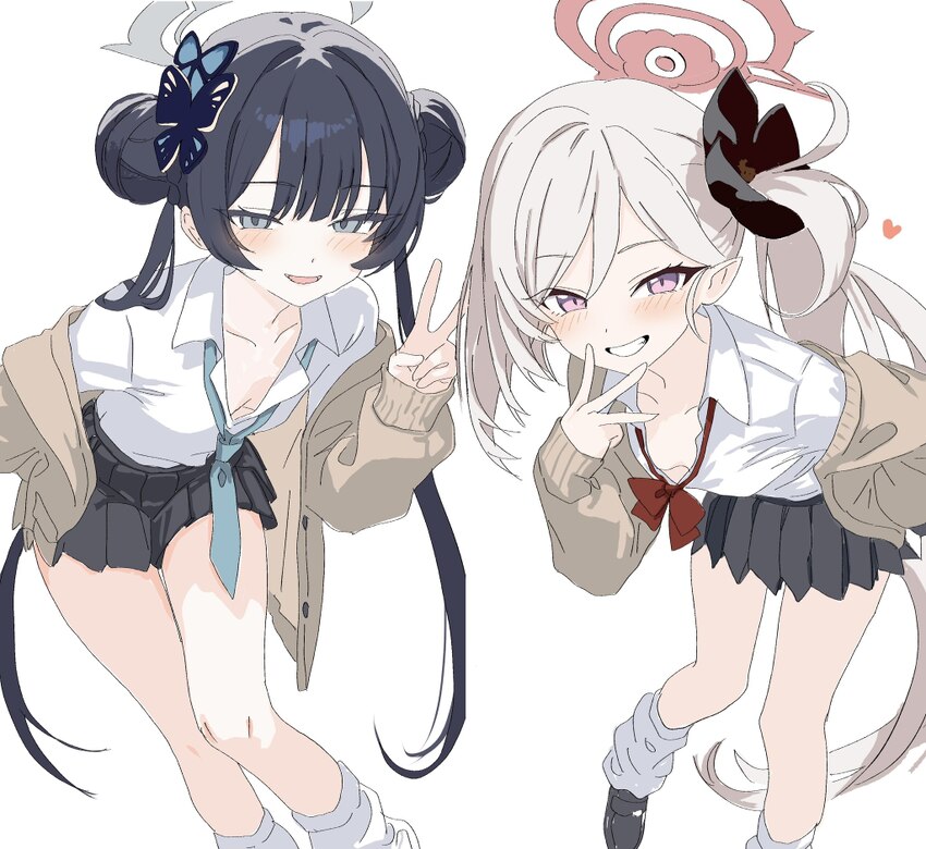2girls black hair blue archive blue skirt blush bow bowtie breasts brown cardigan cardigan collared shirt commentary double bun downblouse grey eyes …