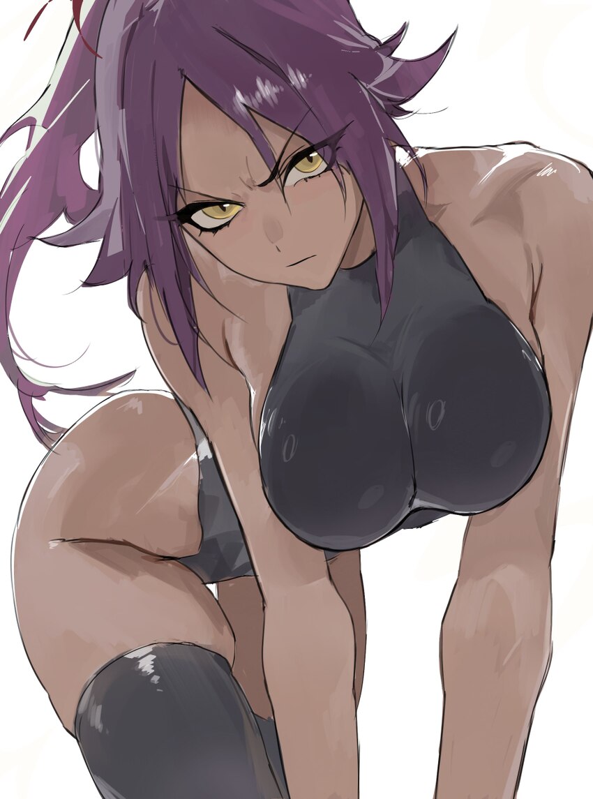 1girl absurdres all fours black leotard black thighhighs bleach breasts closed mouth commentary dark-skinned female dark skin glaring highres kylesmi…